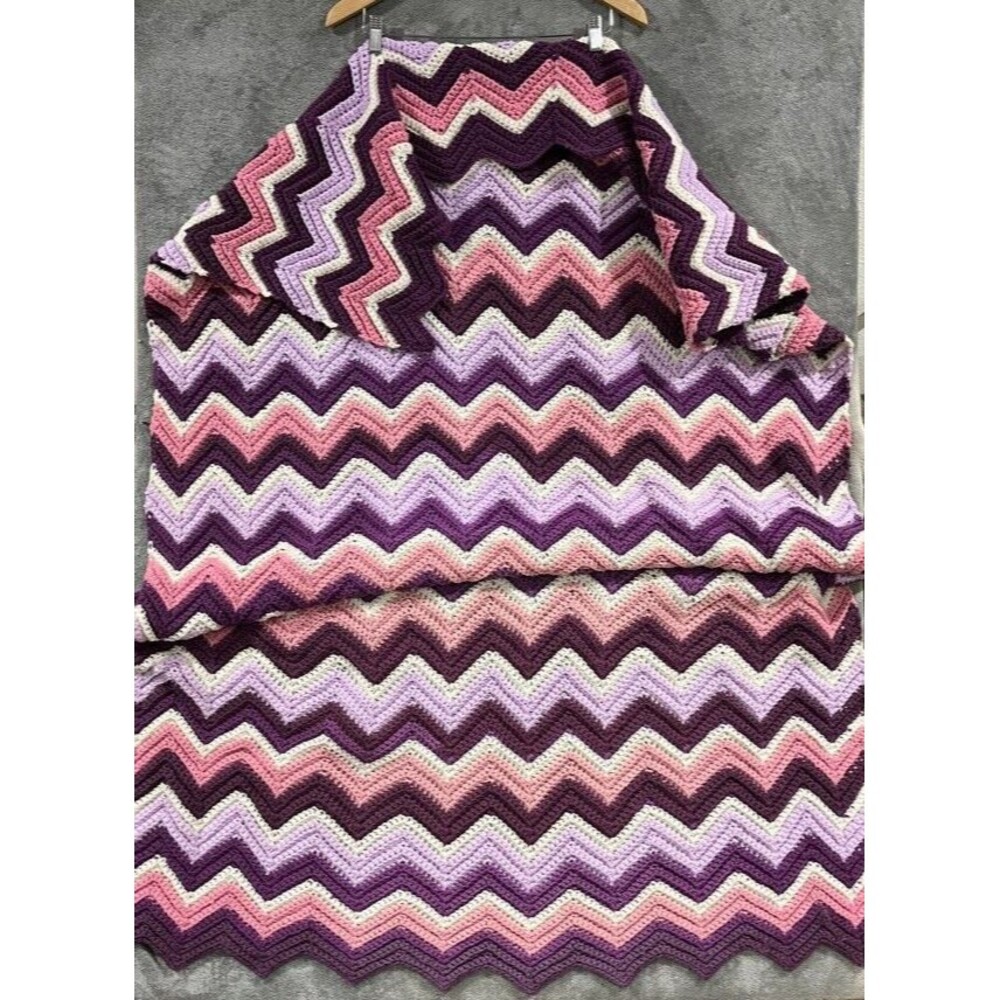 Hand Crochet Afghan Throw Purple Pink Tones Retro Chevron Jagged 41” x 64”